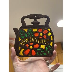 Vintage New Orleans Teapot Trivet Stained Glass Tea Kettle Metal Rusty Hotplate